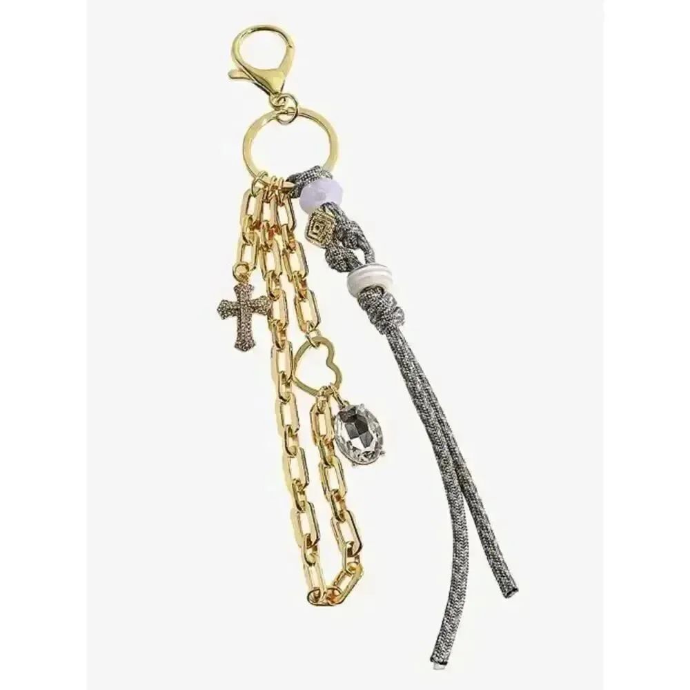 New Emberly Gold Chain & Charm Tassel Keychain with Crystal and Cross